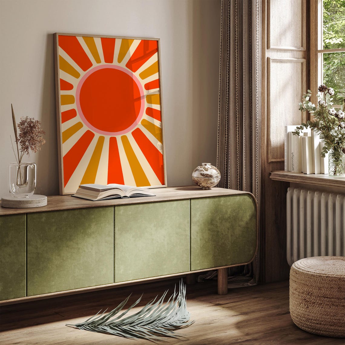 Large Retro Boho Sunburst Red Orange Sun Rays Graphic Poster - Image 2