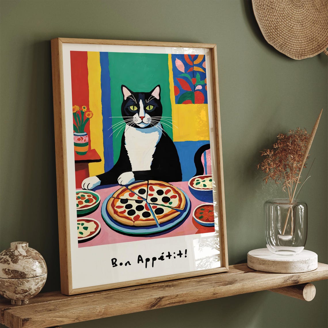 Bon Appetit Cat With Pizza Colorful Feline Kitchen Humor Poster