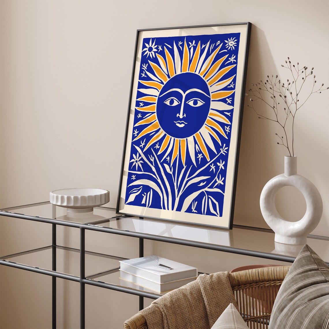 Blue Sun Face Golden Rays Folk Art Linocut Vintage Style Poster - Image 3