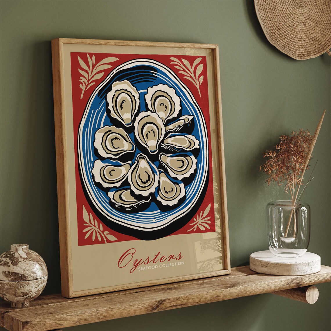 Oysters Seafood Collection Vintage Red and Blue Market Scene Poster - Image 2