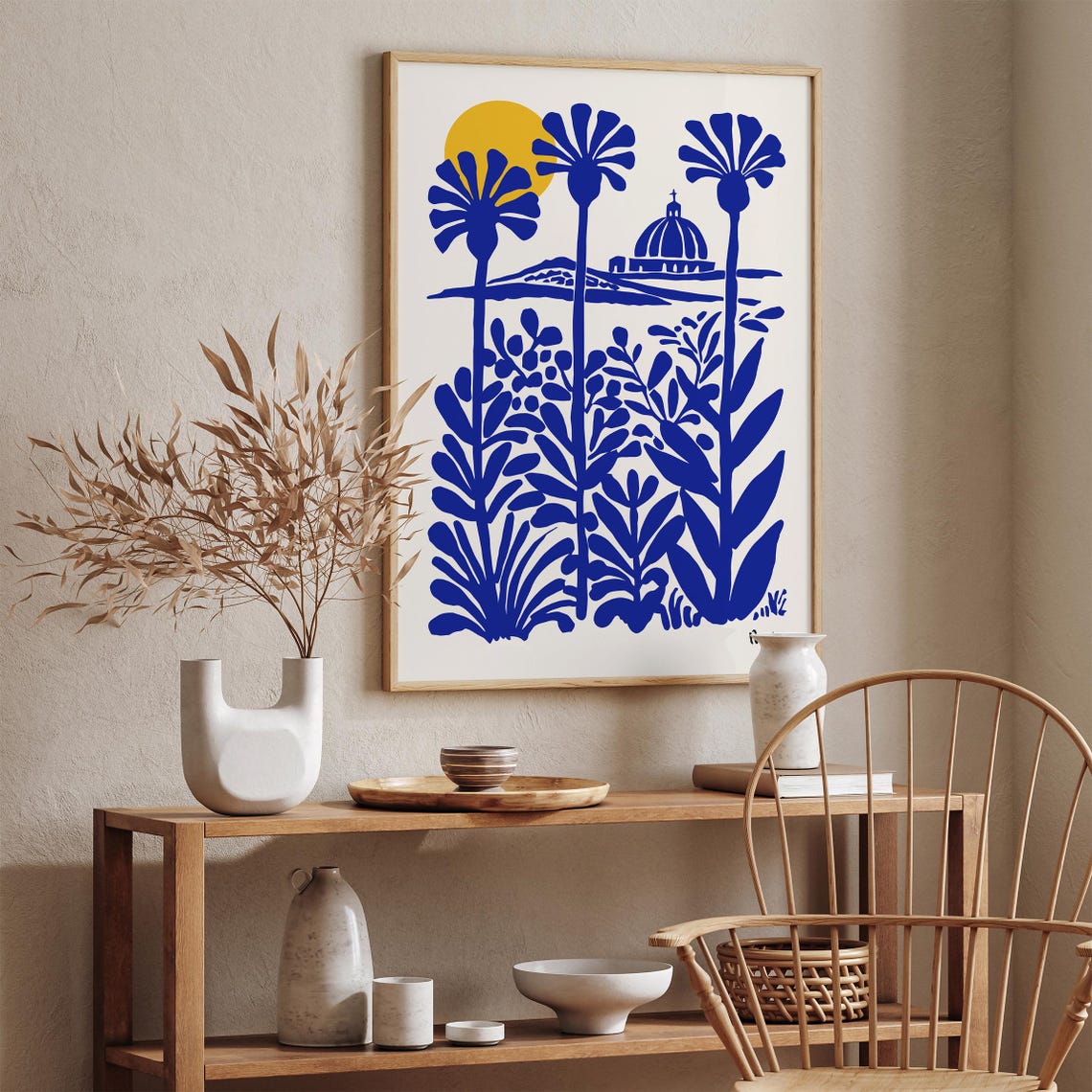Blue Botanical Italian Coast Poster With Dome And Golden Sun - Image 2