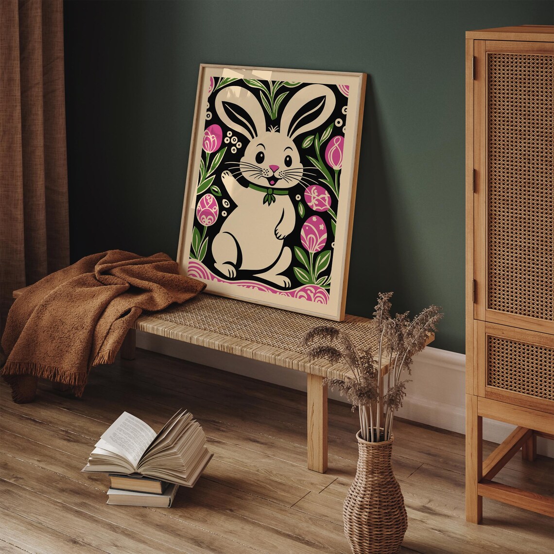 Cute Easter Bunny Pink Tulip Floral Whimsical Nursery Wall Decor Poster - Image 3