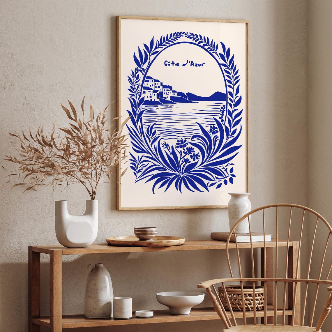 Cote d'Azur Indigo Blue Coastal Village Laurel Wreath Poster - Image 2