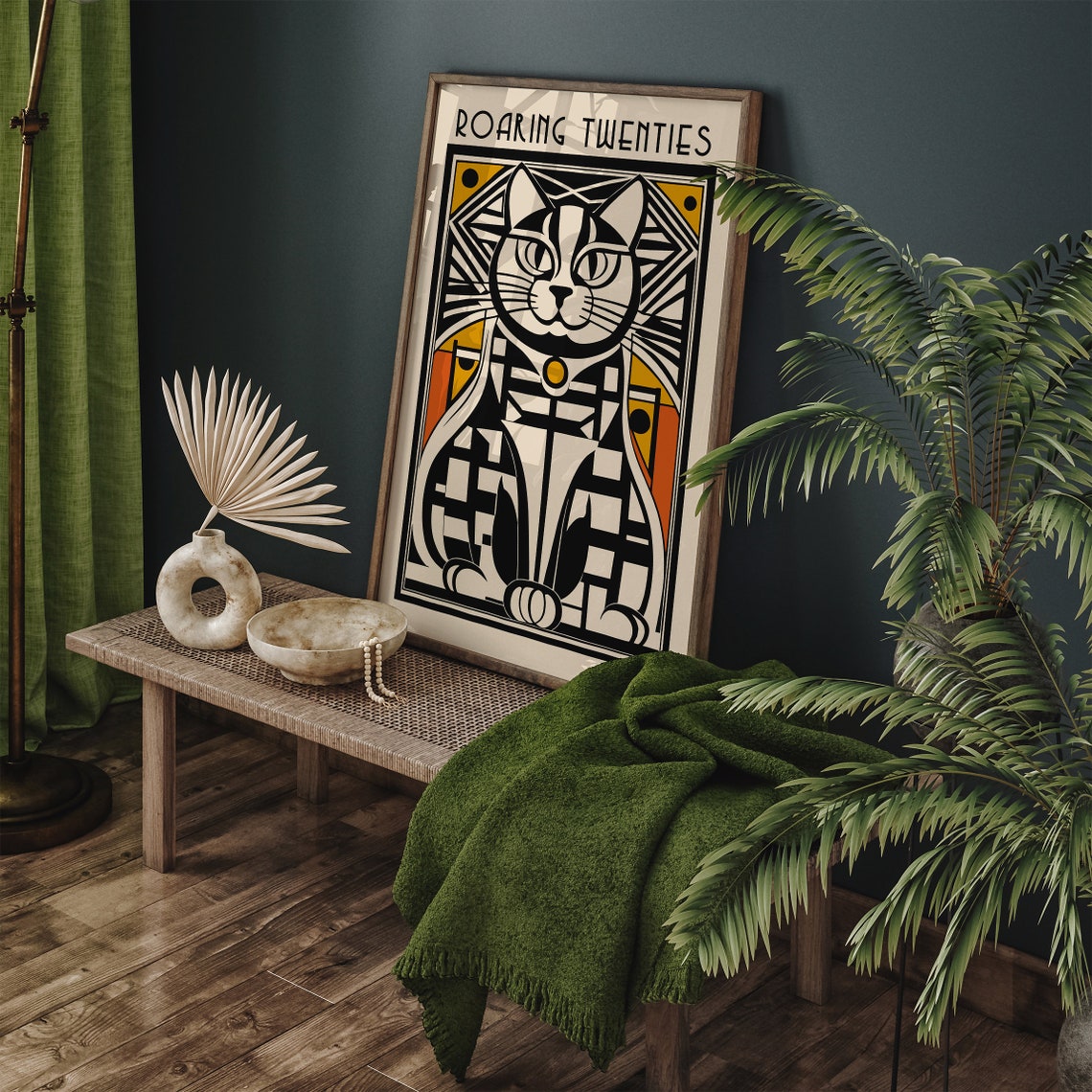 Art Deco Geometric Cat Roaring Twenties Black and Orange Poster - Image 3