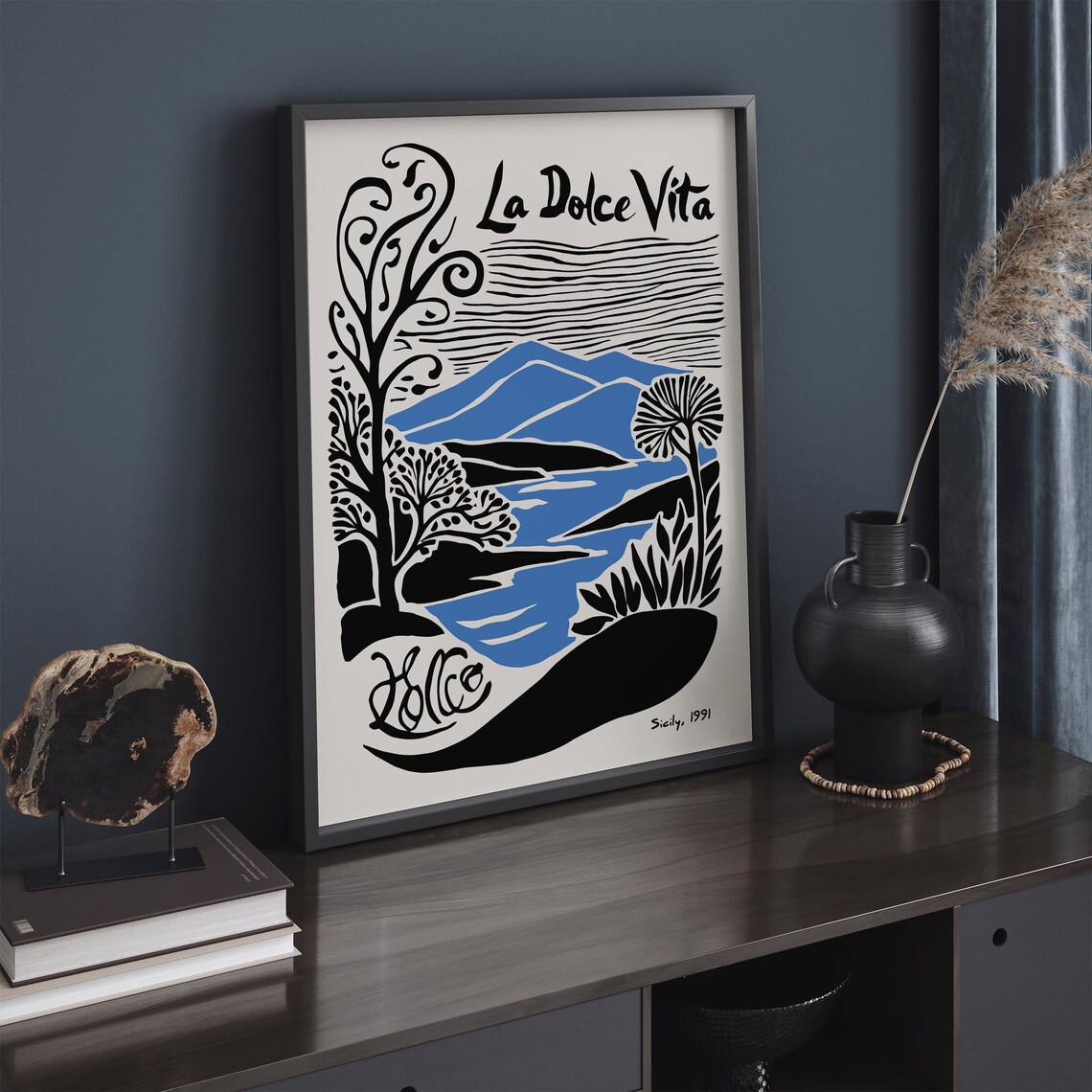 La Dolce Vita Sicily 1991 Blue Coastal Mountain Travel Poster - Image 3