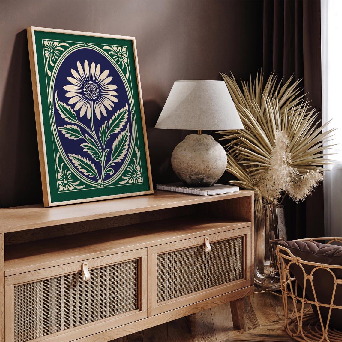 Green Rococo Daisy White Bloom Navy Elegant Botanical Poster - Image 2