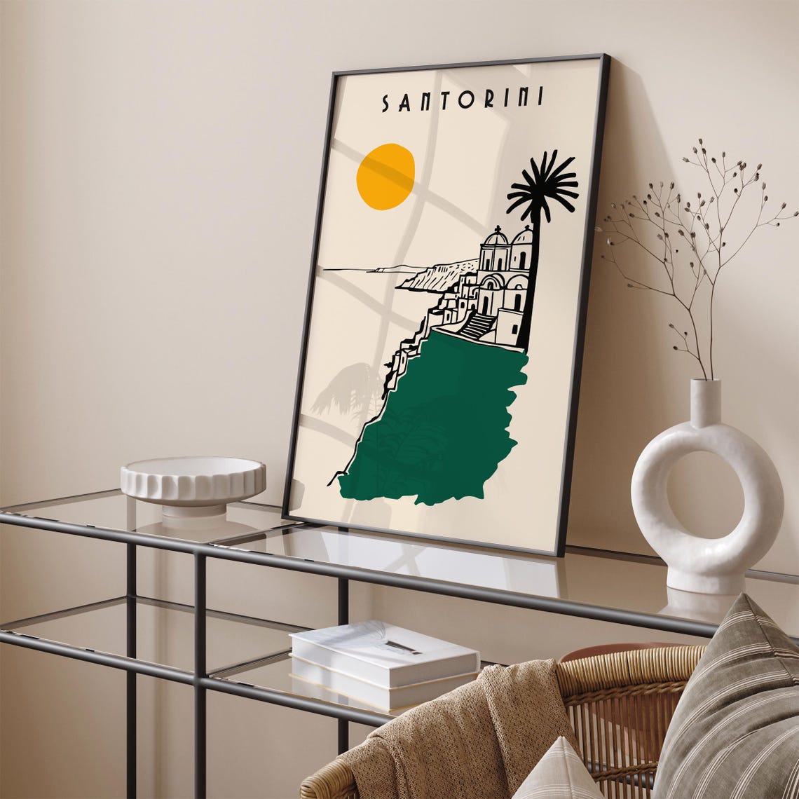 Minimalist Santorini Greece Sun Palm Cliff Village Art Poster - Image 3