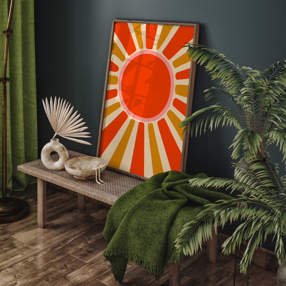 Large Retro Boho Sunburst Red Orange Sun Rays Graphic Poster - Image 4