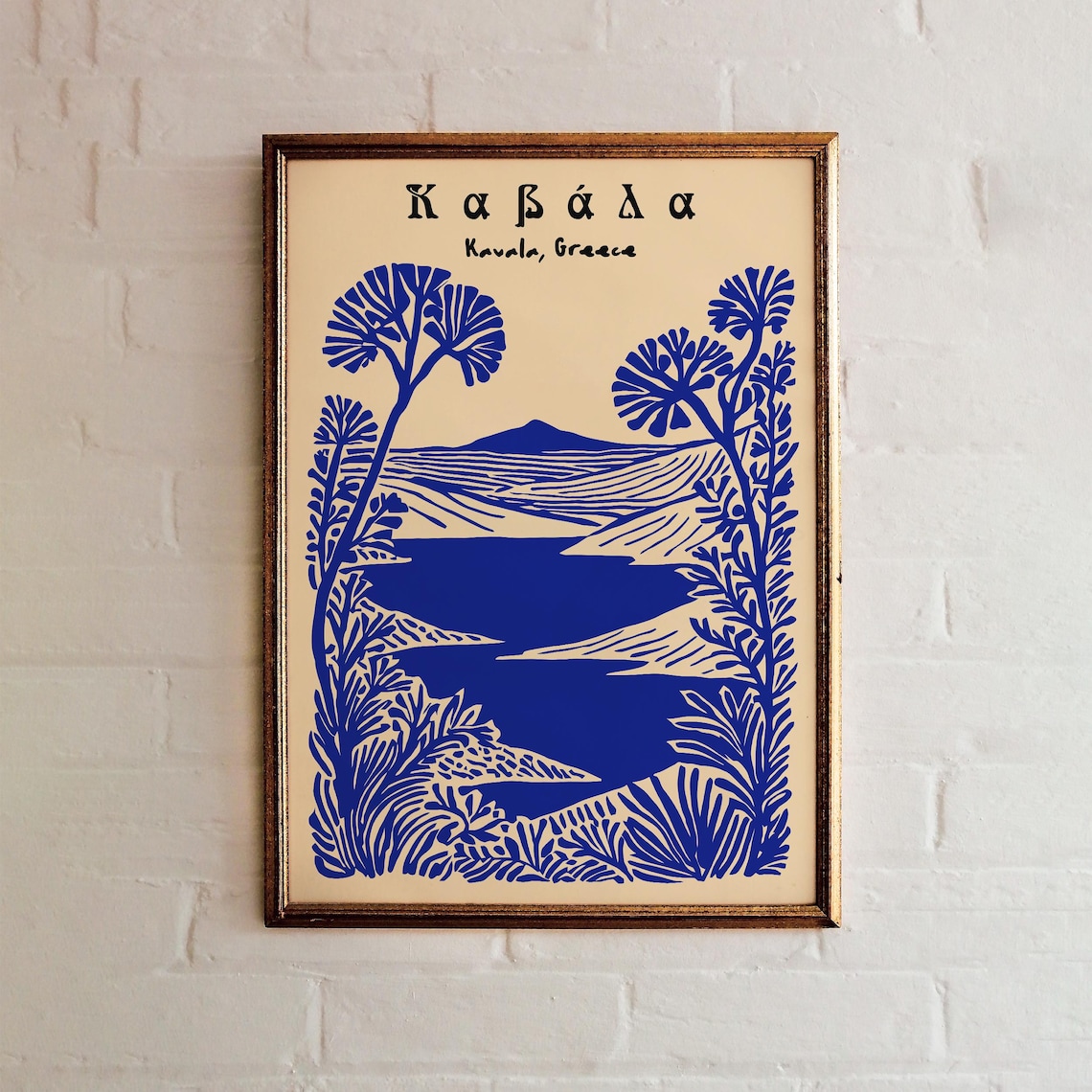 Kavala Greece Blue Line Art Mediterranean Coast Travel Poster