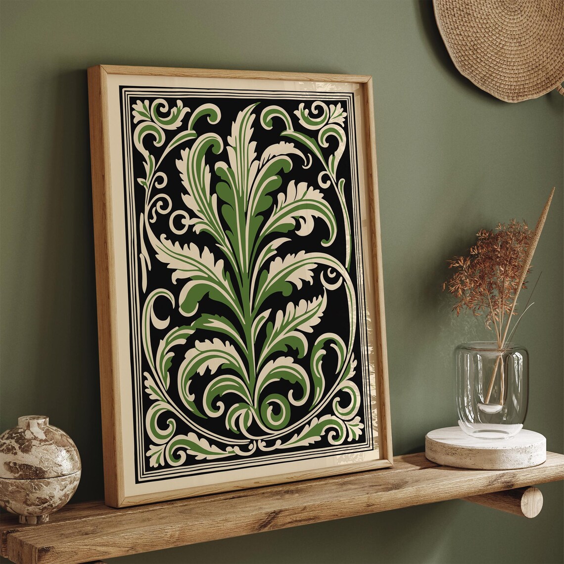 Green Acanthus Leaf Baroque Ornament on Black Classic Vintage Poster