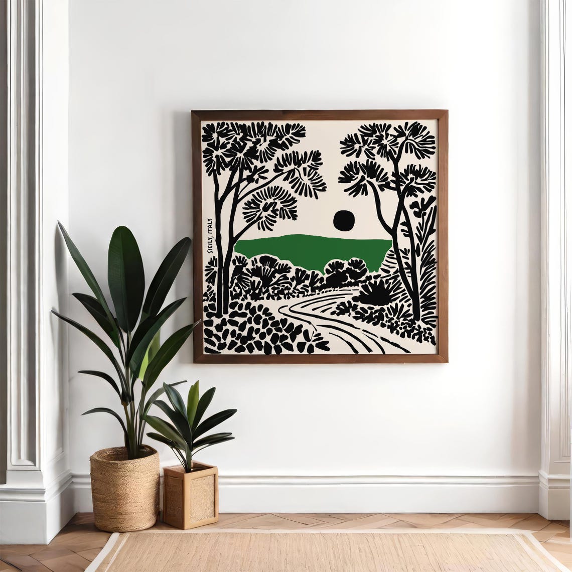 Sicily Italy Black Ink Pine Tree Landscape Linocut Travel Poster - Image 2