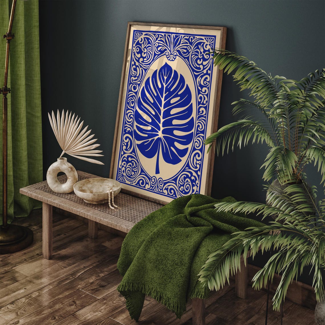 Blue Monstera Leaf Ornamental Tile Botanical Boho Art Poster - Image 5