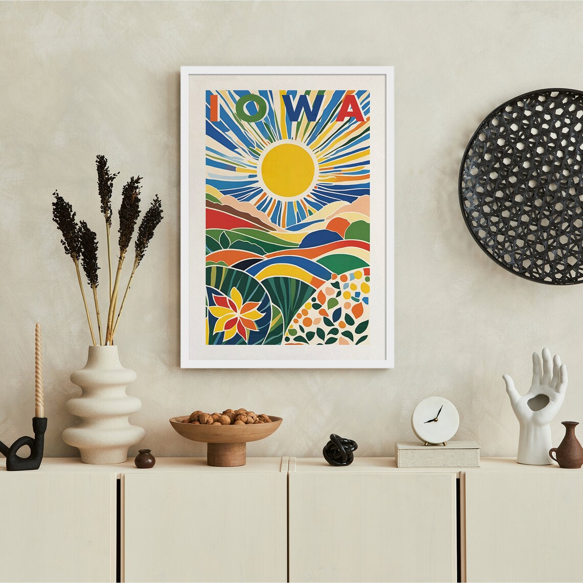 Iowa Retro Sun Over Rolling Farmland Landscape Travel Poster - Image 5