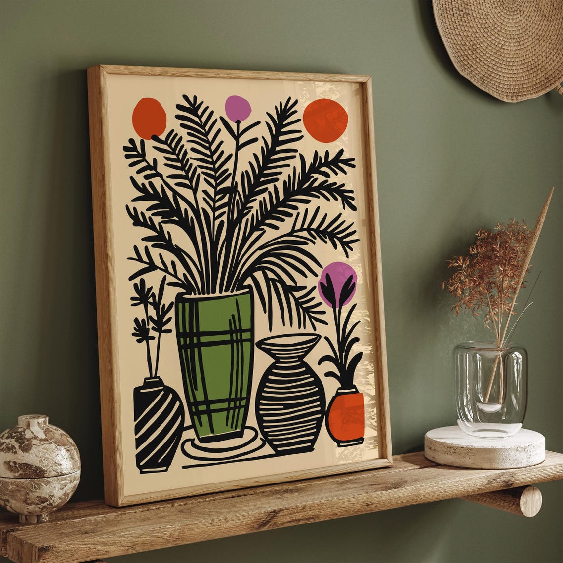 Retro Botanical Still Life Green Vase Colorful Folk Art Decor Poster