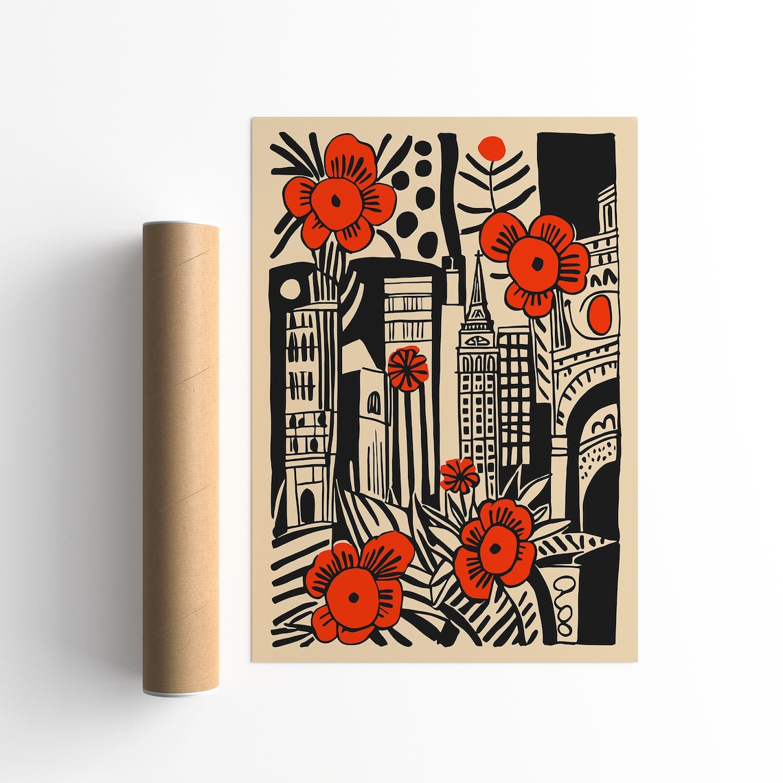 London England Skyline Linocut Red Poppies Floral City Poster