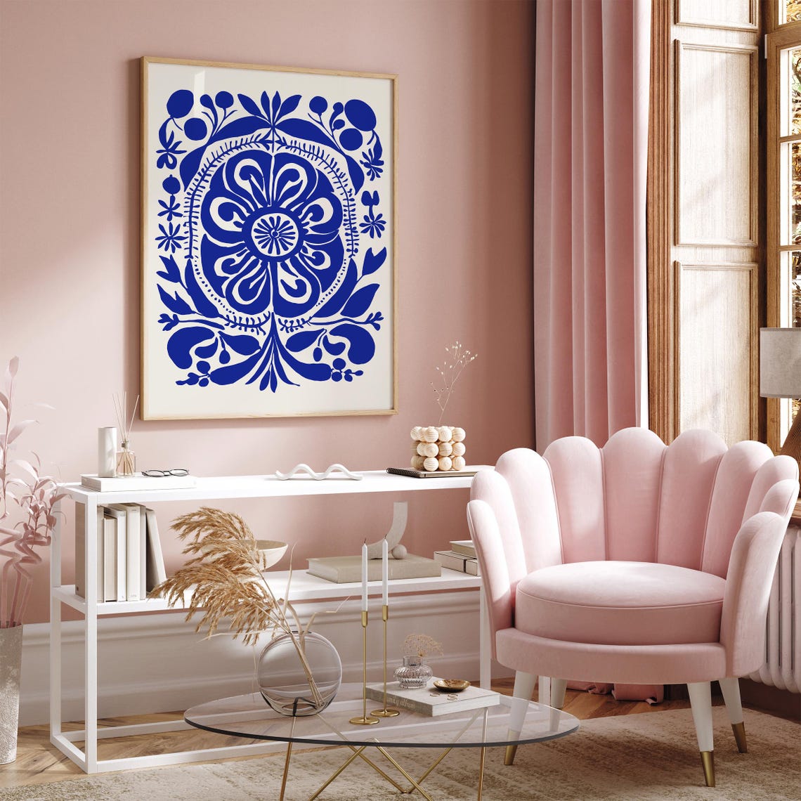 Abstract Blue Botanical Symmetrical Floral Ornament Design Poster - Image 2
