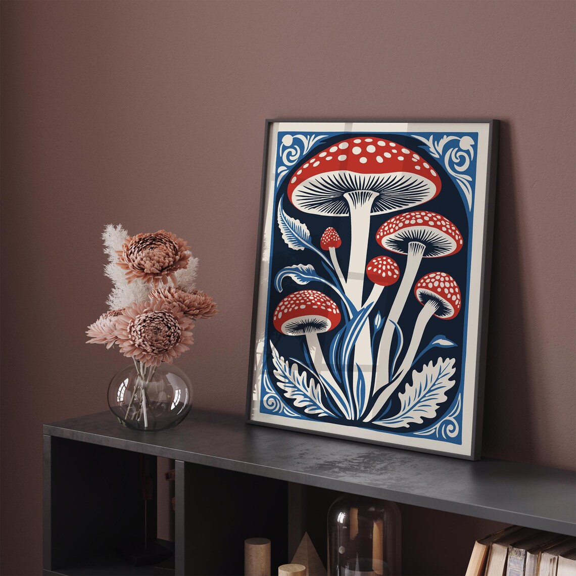 Vintage Amanita Muscaria Mushroom Linocut Botanical Decor Poster - Image 3