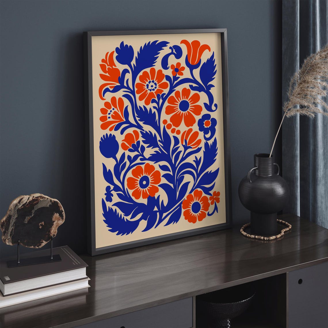 Folk Art Floral Blue Orange Papercut Style Botanical Wall Poster - Image 3