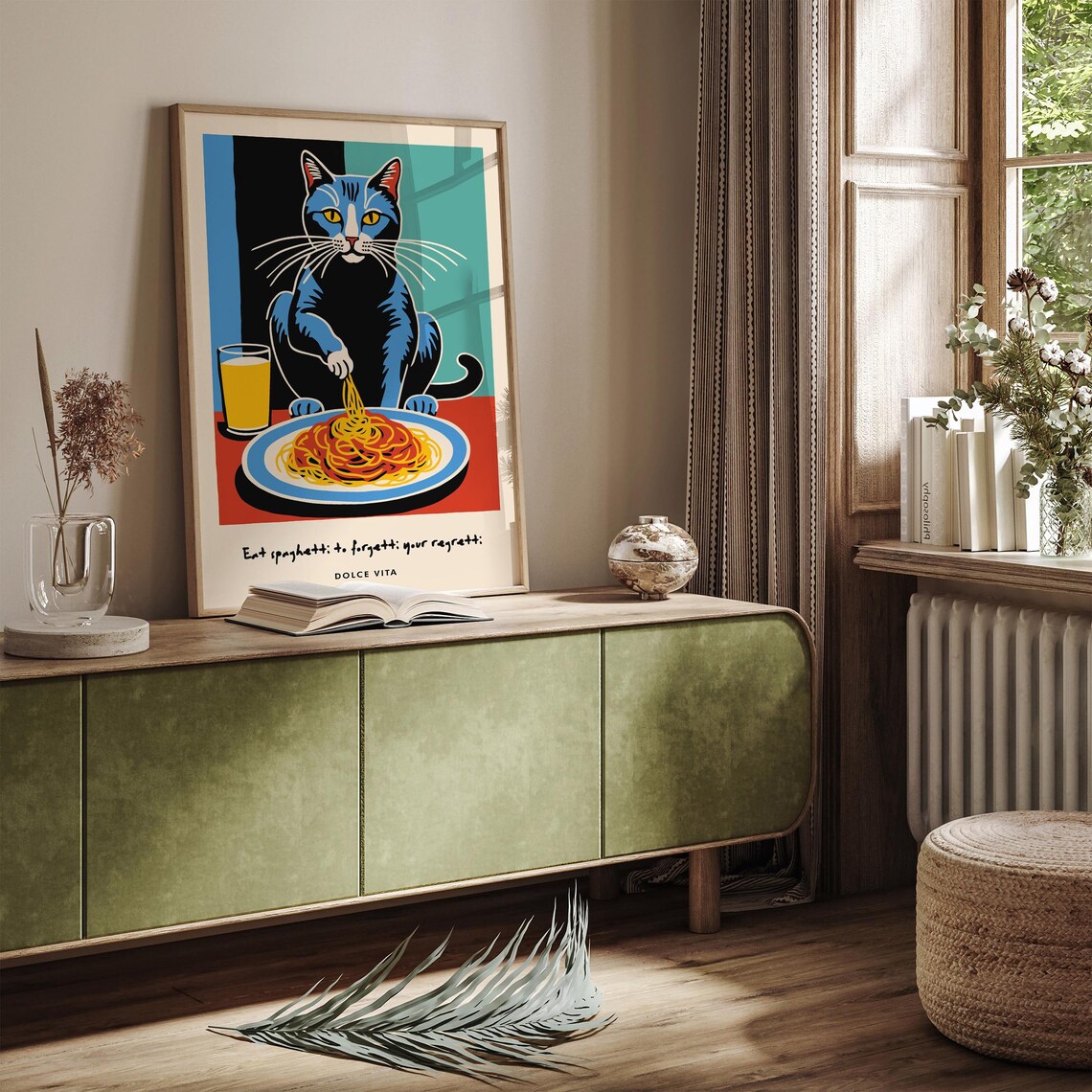 Blue Cat Spaghetti Poster Dolce Vita Eat Spaghetti To Forget Regretti - Image 4