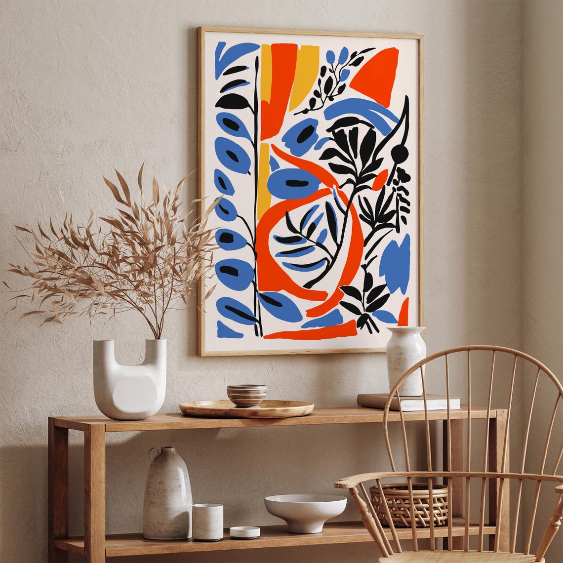 Abstract Botanical Poster With Bold Blue Red And Yellow Leaves - Image 4