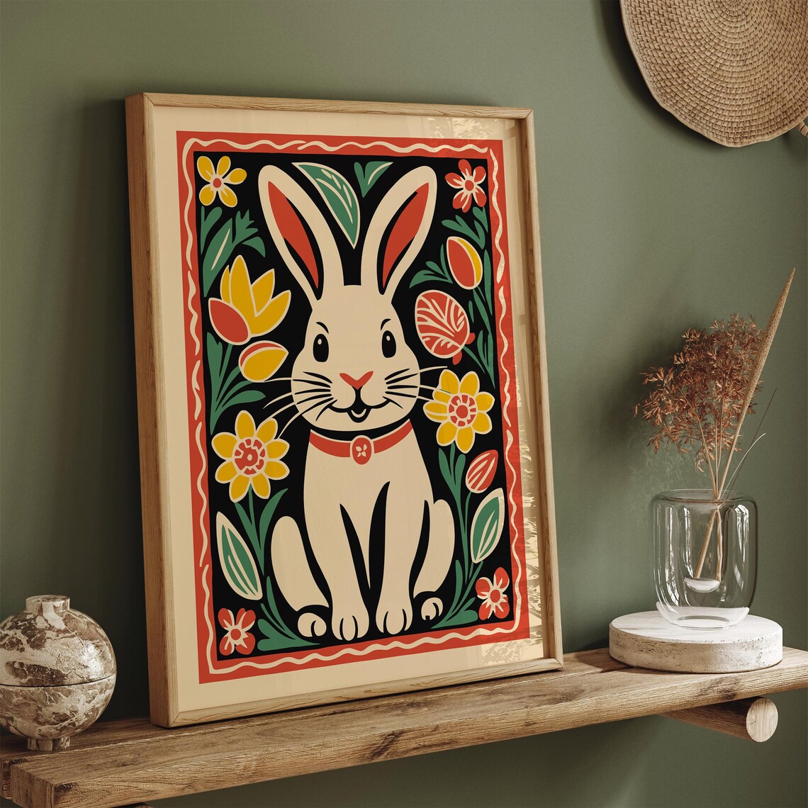 Folk Art Rabbit Tulip Floral Black Boho Spring Easter Wall Decor Poster