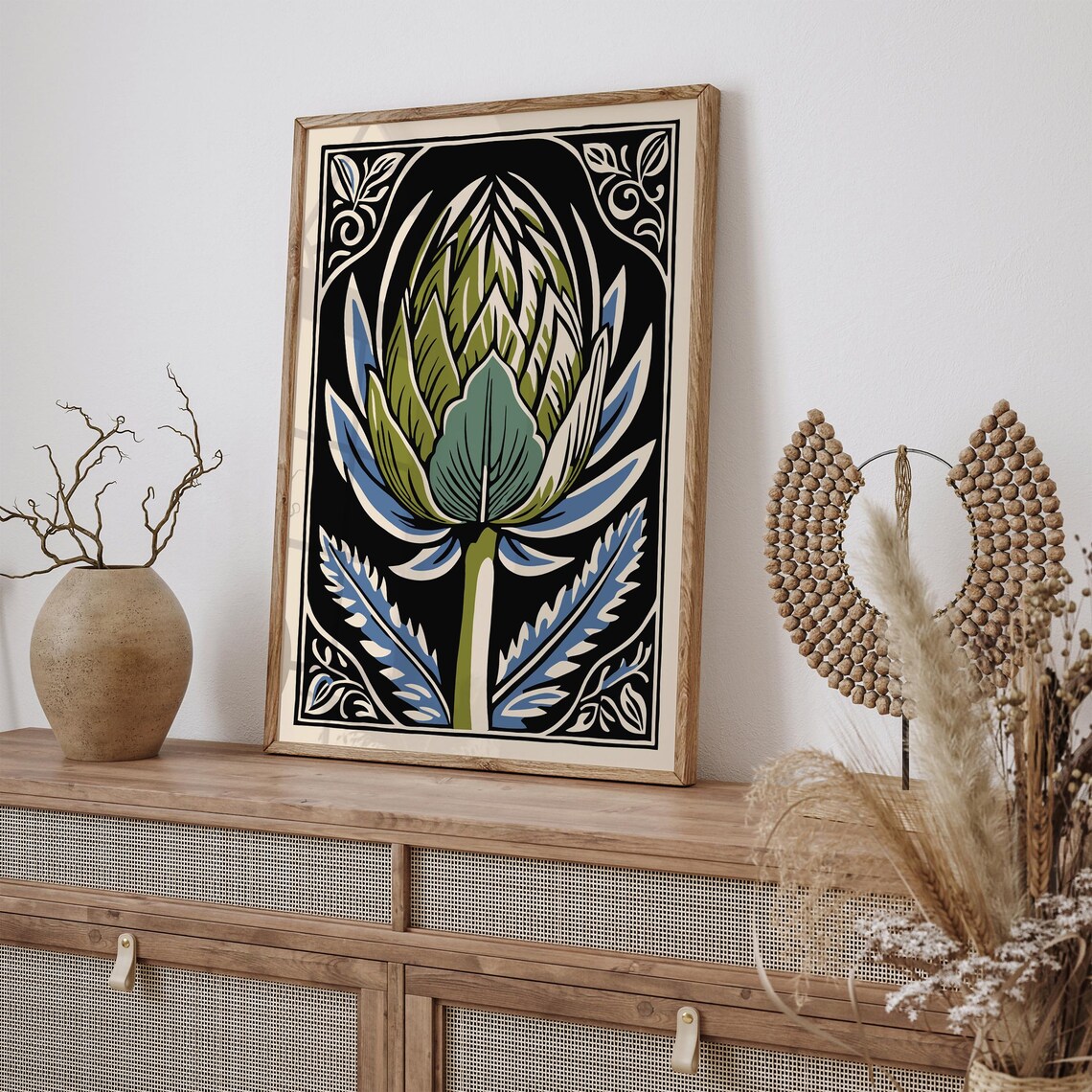 Green Artichoke Linocut on Black With Blue Leaves Kitchen Poster - Image 2