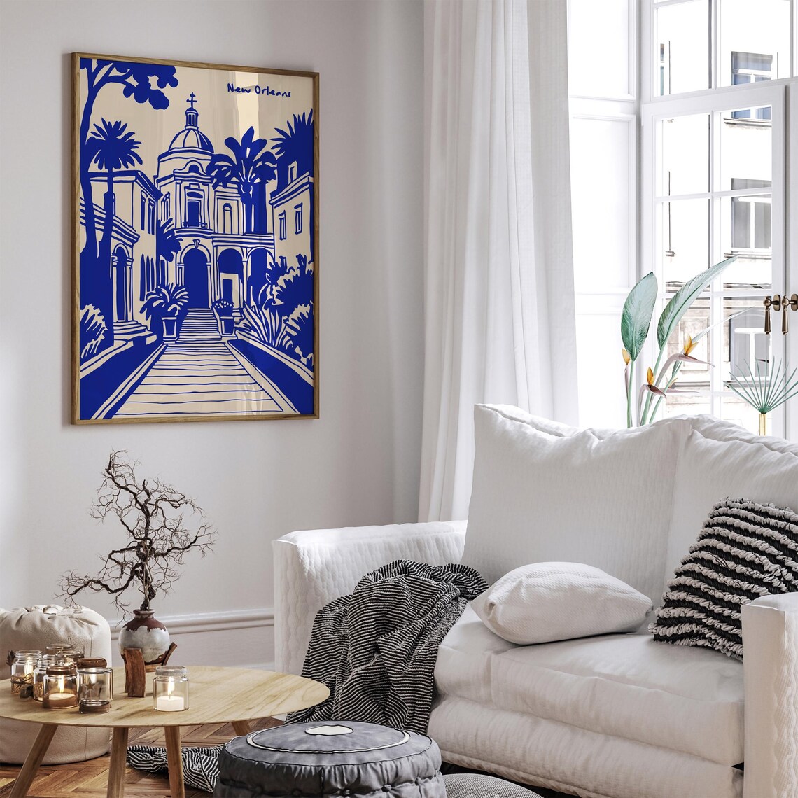 New Orleans Blue Ink Historic Church Palm Tree Travel Poster - Image 6
