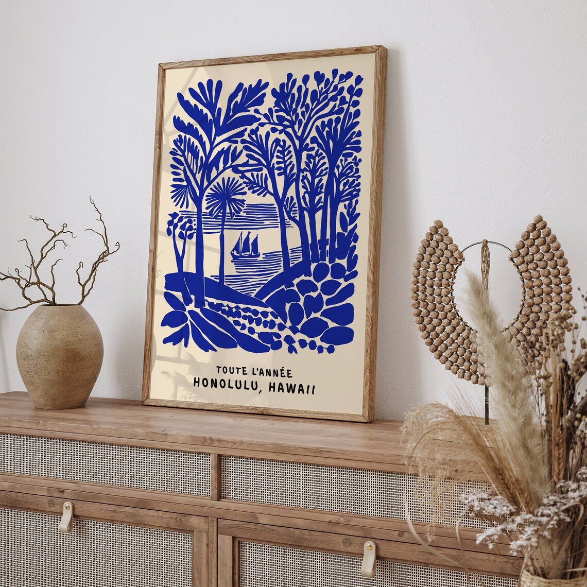 Indigo Honolulu Hawaii Tropical Sailboat And Palm Trees Poster - Image 4