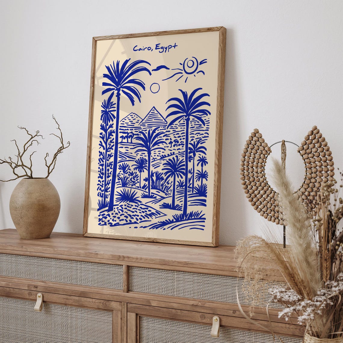 Cairo Egypt Blue Pyramids Palm Trees Sunny Travel Art Poster - Image 2