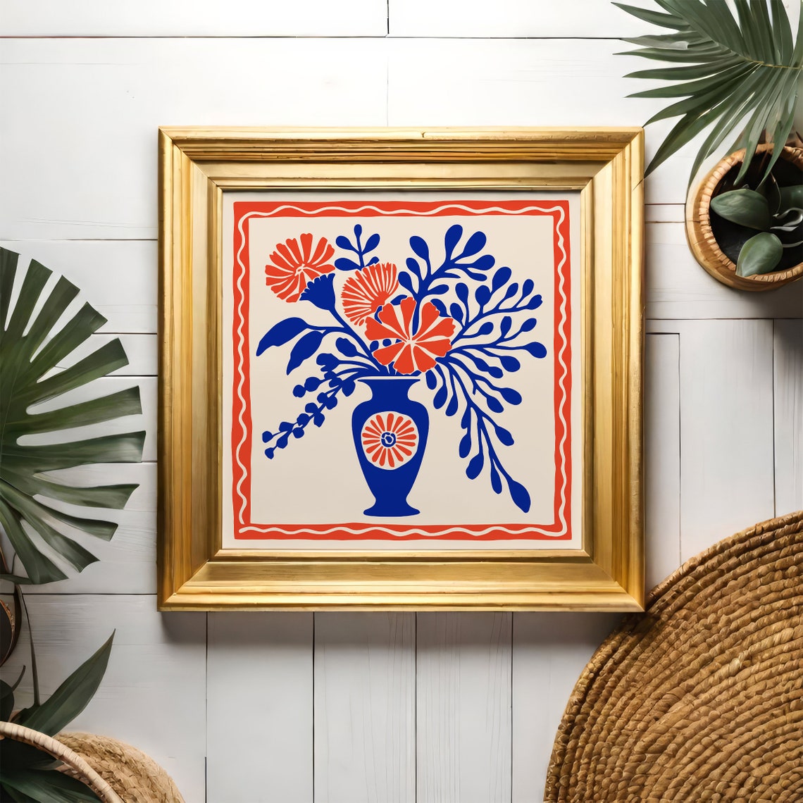 Blue Vase Red Flowers Retro Botanical Square Framed Wall Art - Image 3