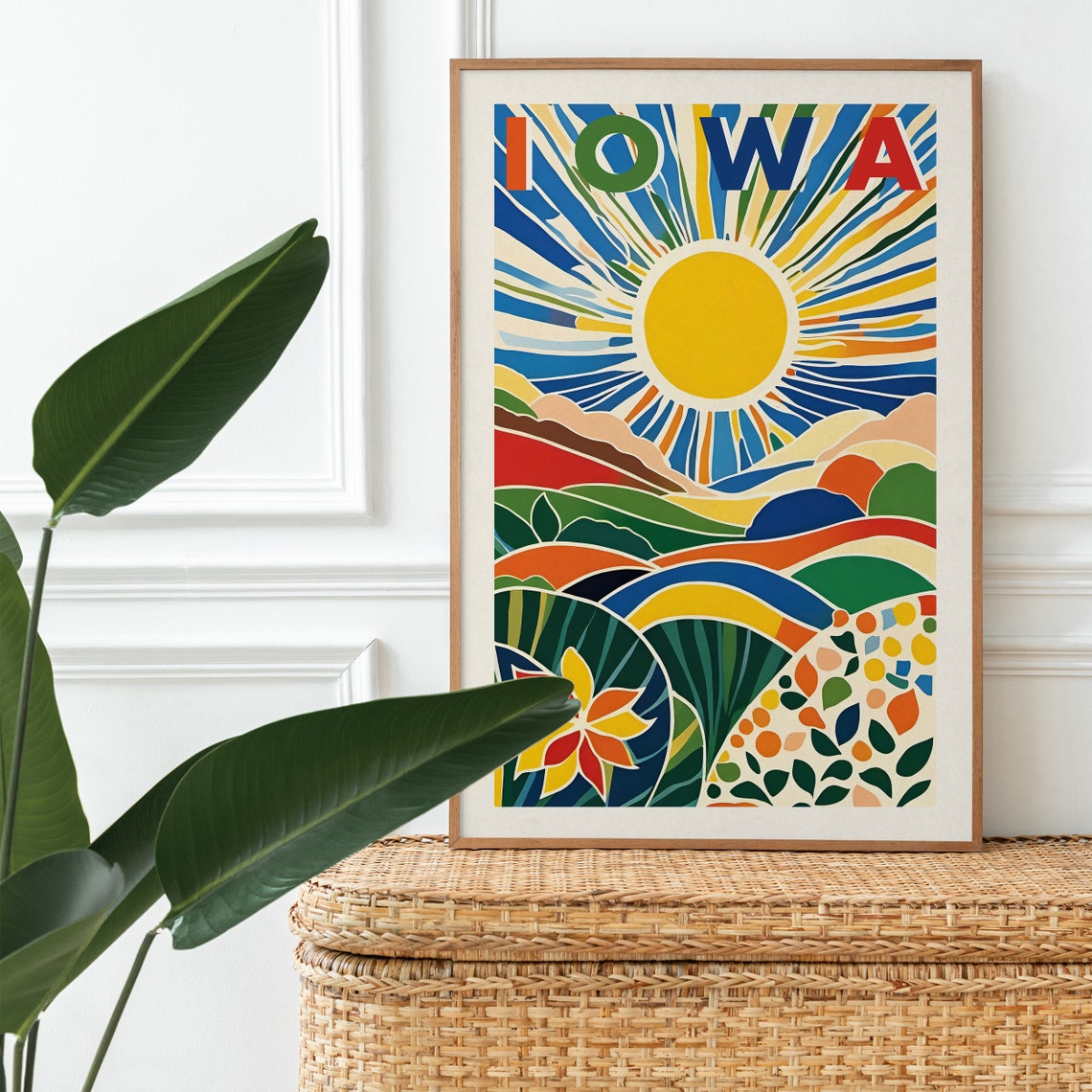 Iowa Retro Sun Over Rolling Farmland Landscape Travel Poster - Image 2