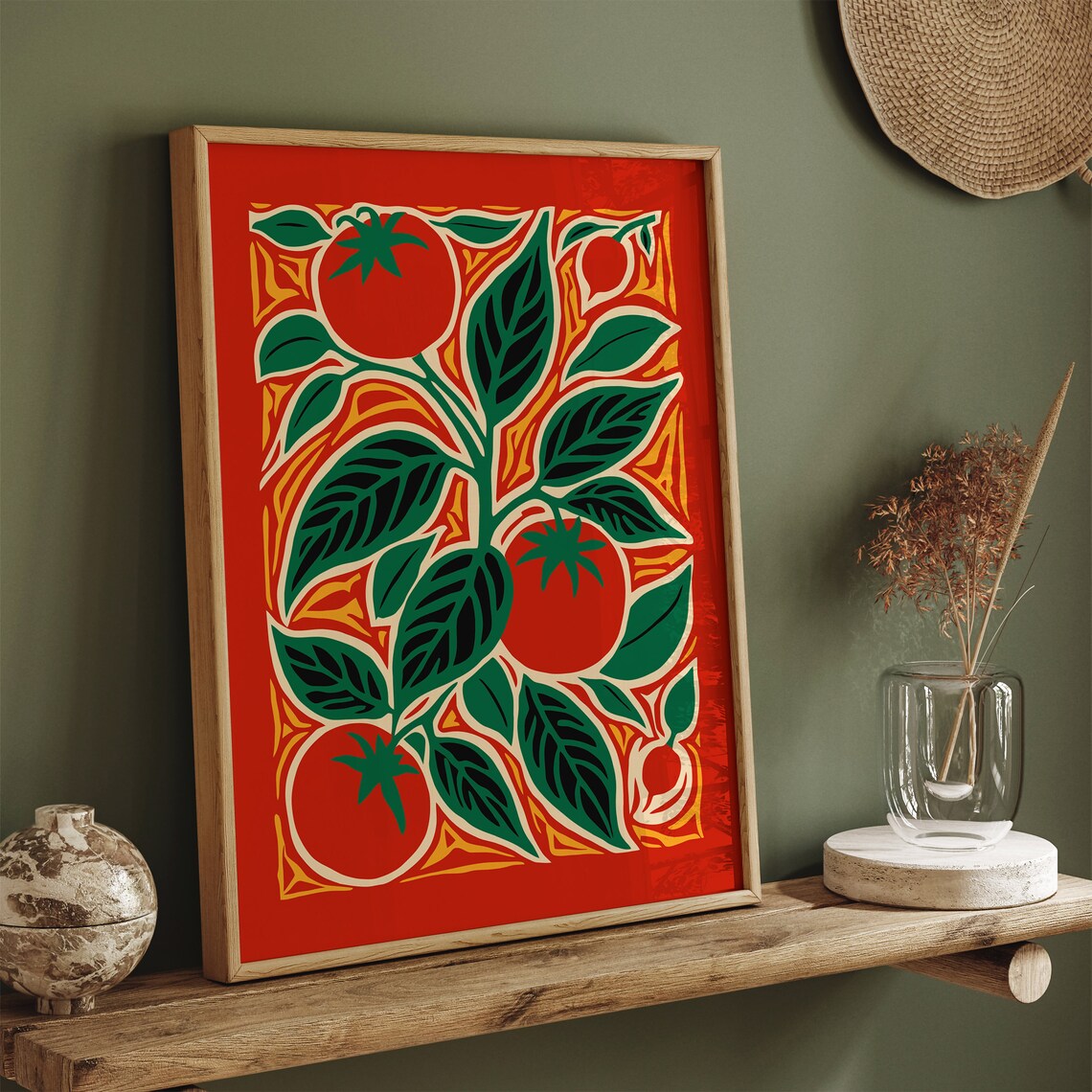 Red Tomato Plant Linocut Style Kitchen Botanical Garden Poster - Image 4