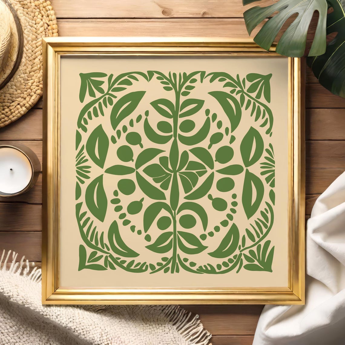 Green Cutout Botanical Symmetrical Square Folk Art Linocut Print - Image 6
