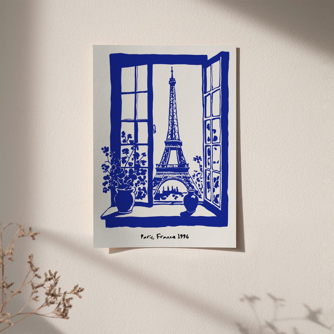 Paris France 1996 Blue Ink Eiffel Tower French Window View Poster - Image 2