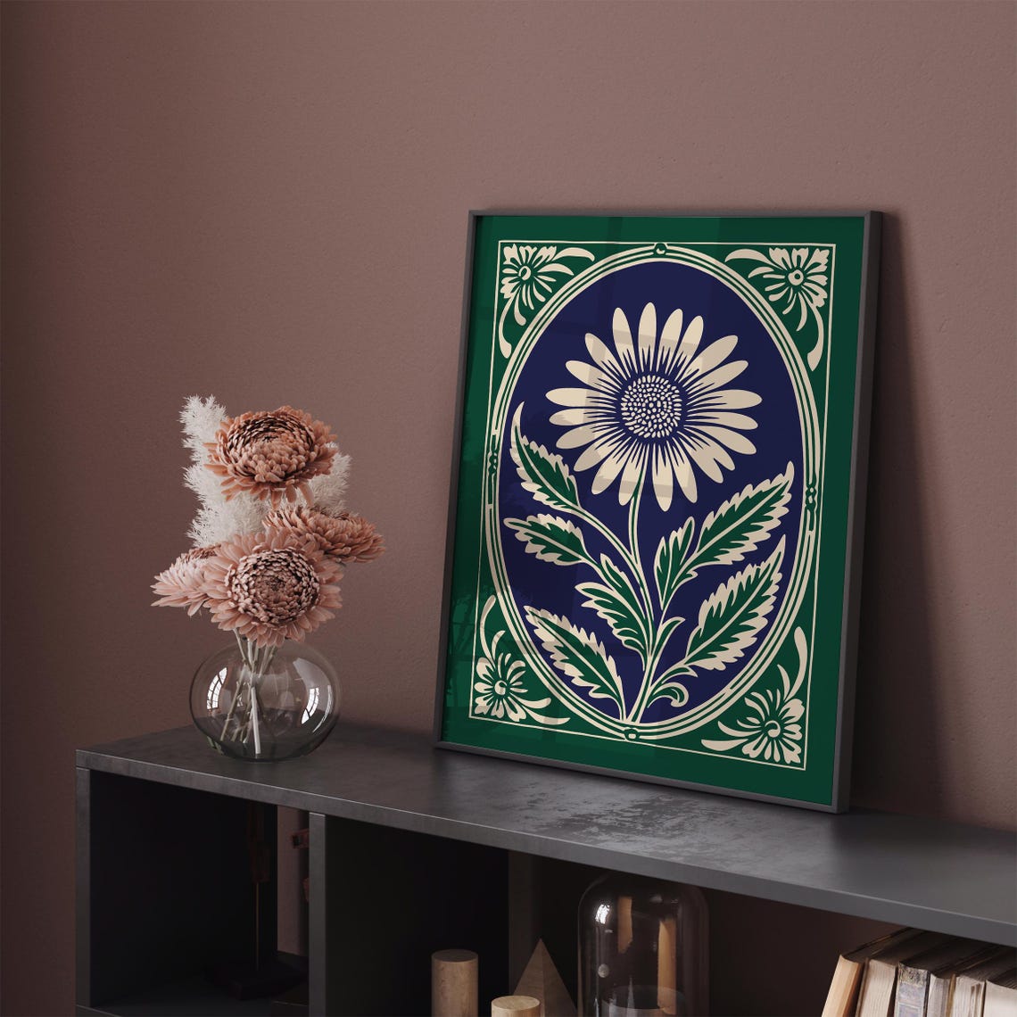 Green Rococo Daisy White Bloom Navy Elegant Botanical Poster - Image 5