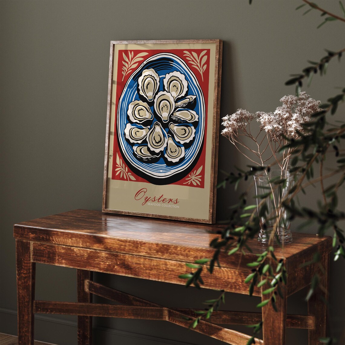 Oysters Seafood Collection Vintage Red and Blue Market Scene Poster - Image 3