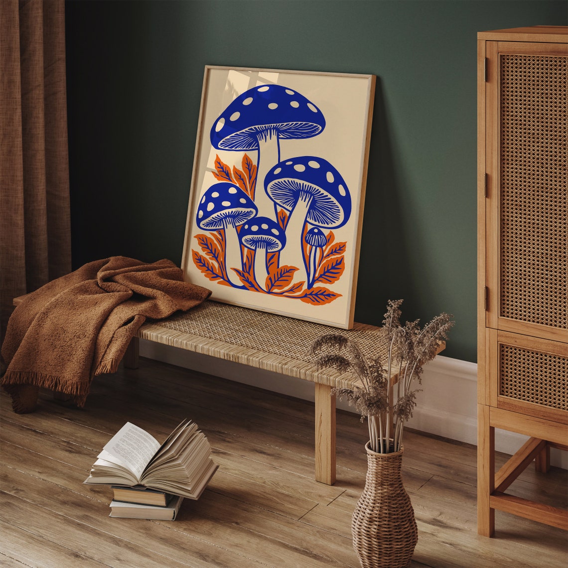 Blue Polka Dot Mushrooms Orange Leaves Retro Botanical Art Poster - Image 6