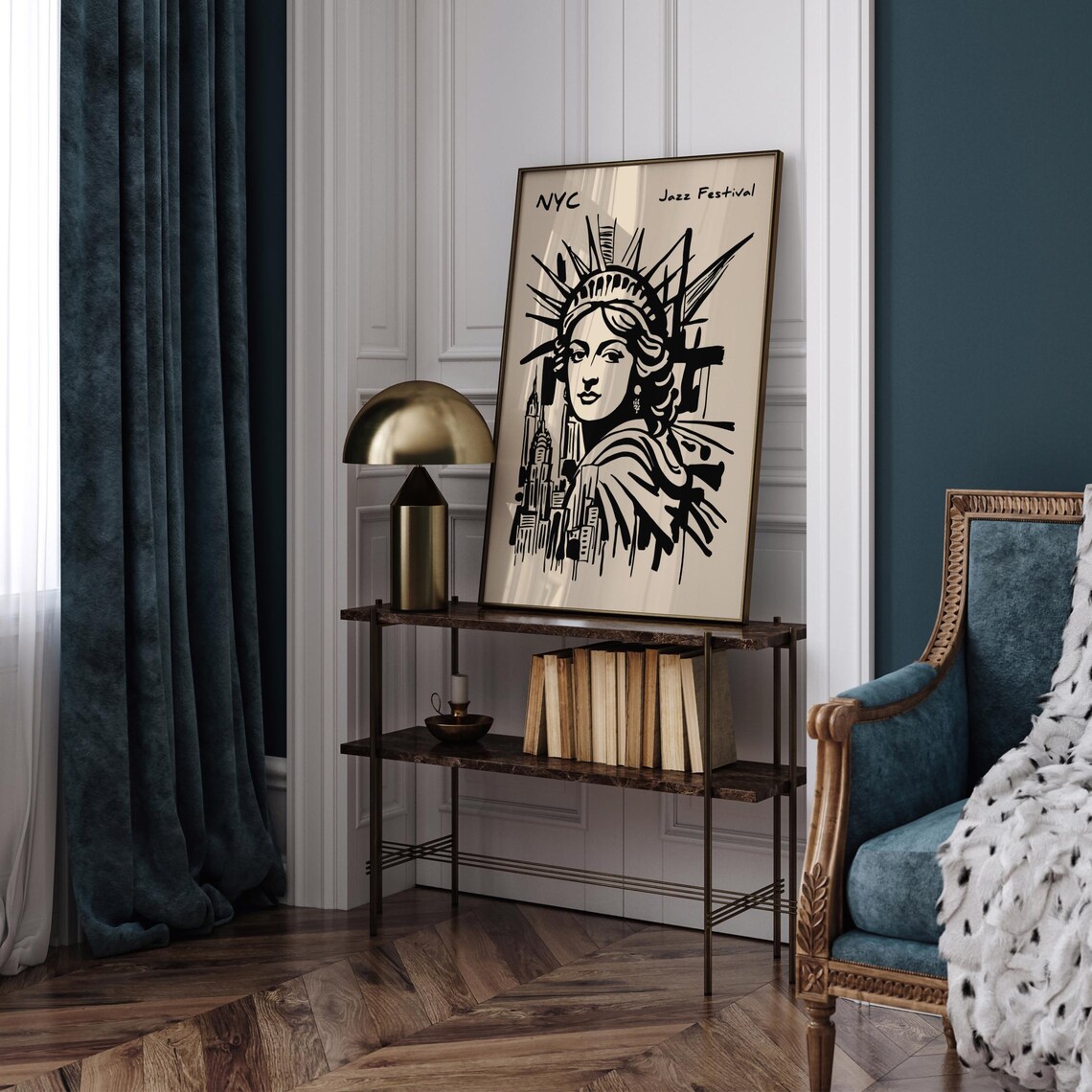 NYC Jazz Festival Statue of Liberty City Bold Sketch Art Poster - Image 5
