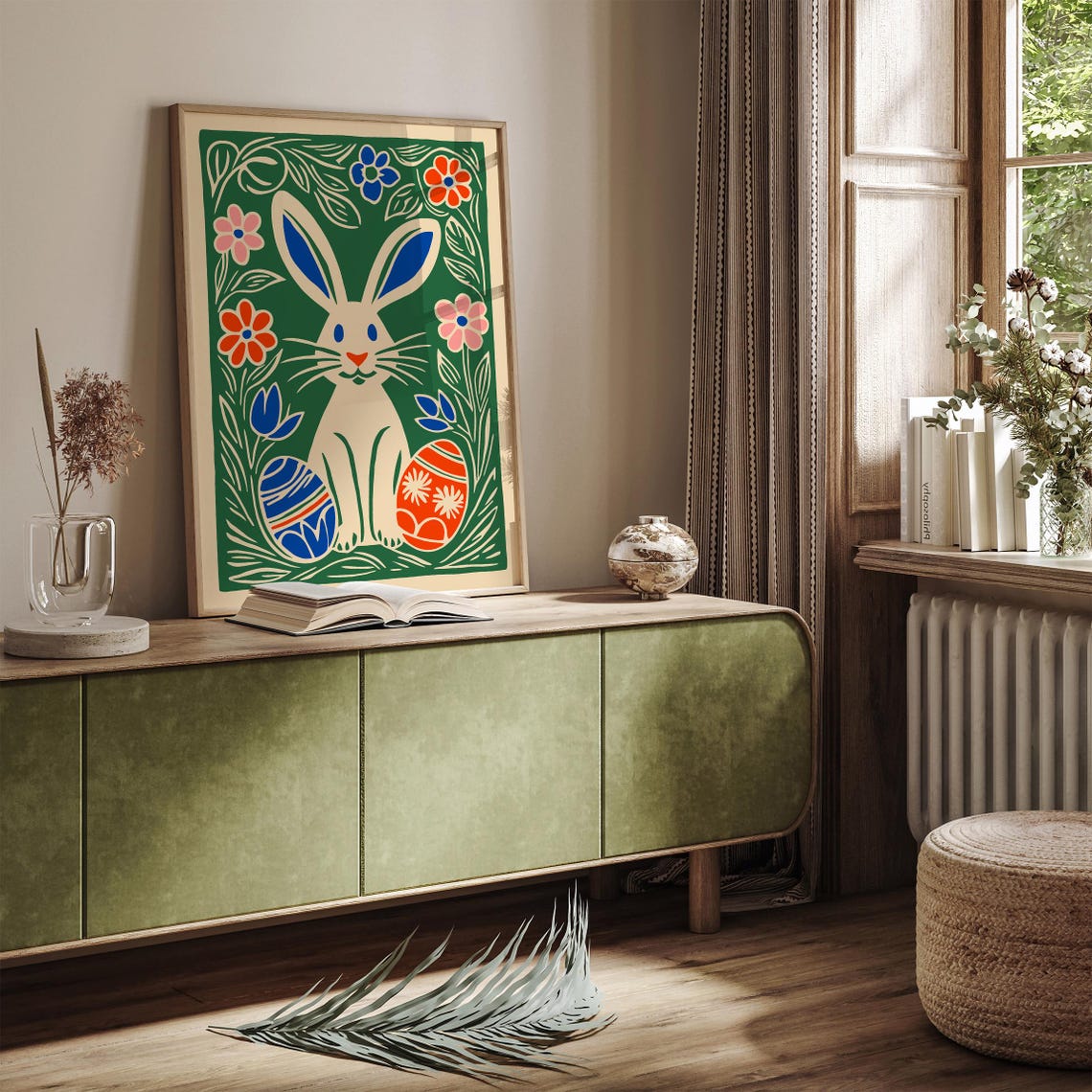 White Easter Bunny Green Meadow Flowers Painted Eggs Art Poster - Image 3