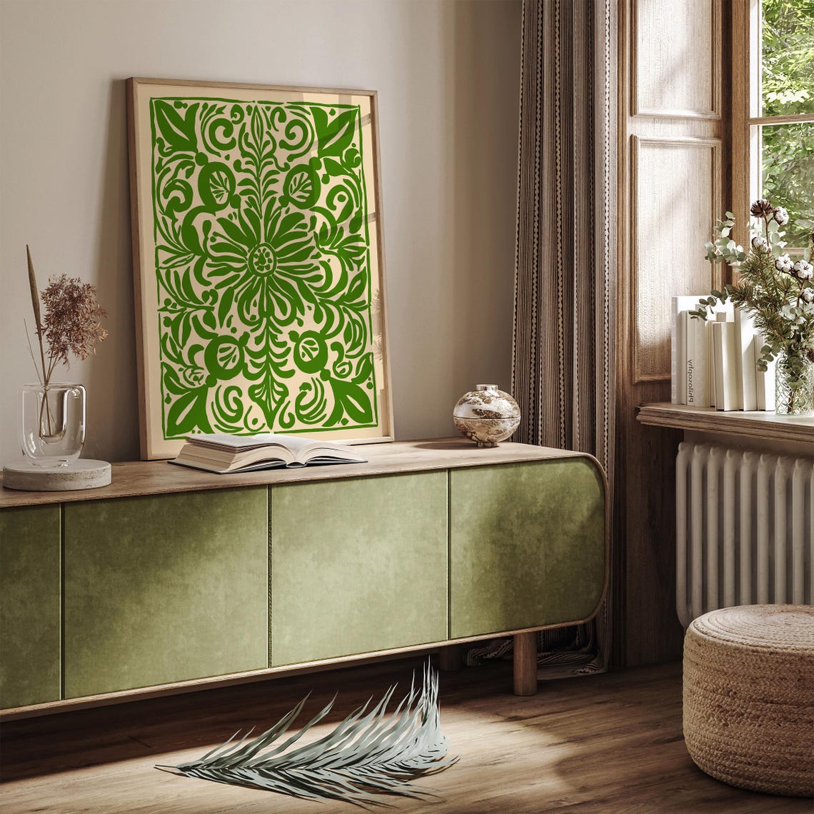 Green Symmetrical Folk Floral Ornamental Pattern Wall Poster - Image 2