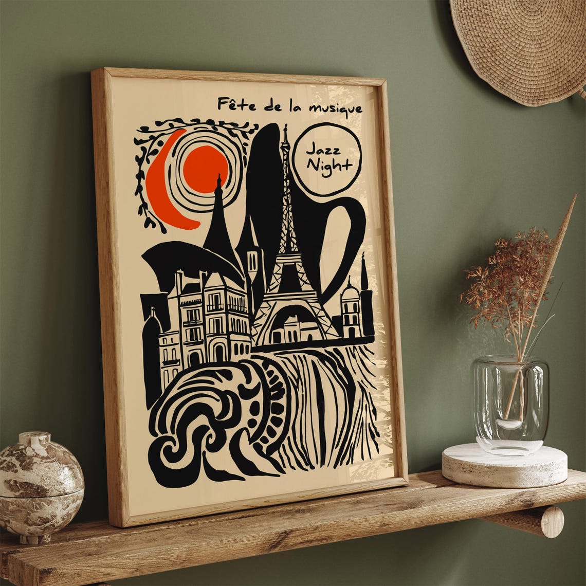 Fête de la Musique Jazz Night Paris Eiffel Tower Waves Ink Poster