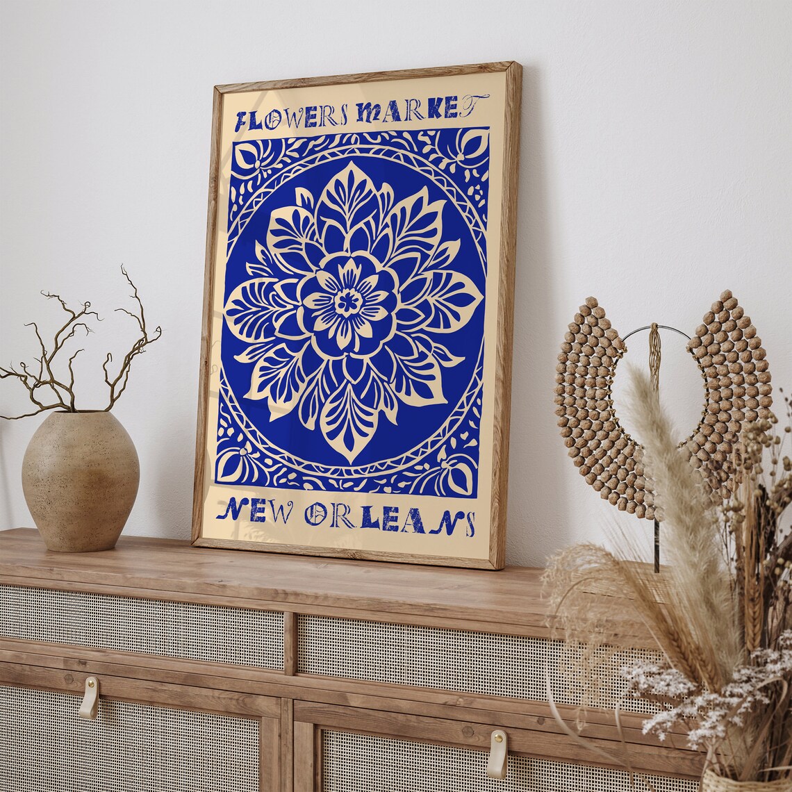 New Orleans Flower Market Indigo Blue Botanical Linocut Poster - Image 4