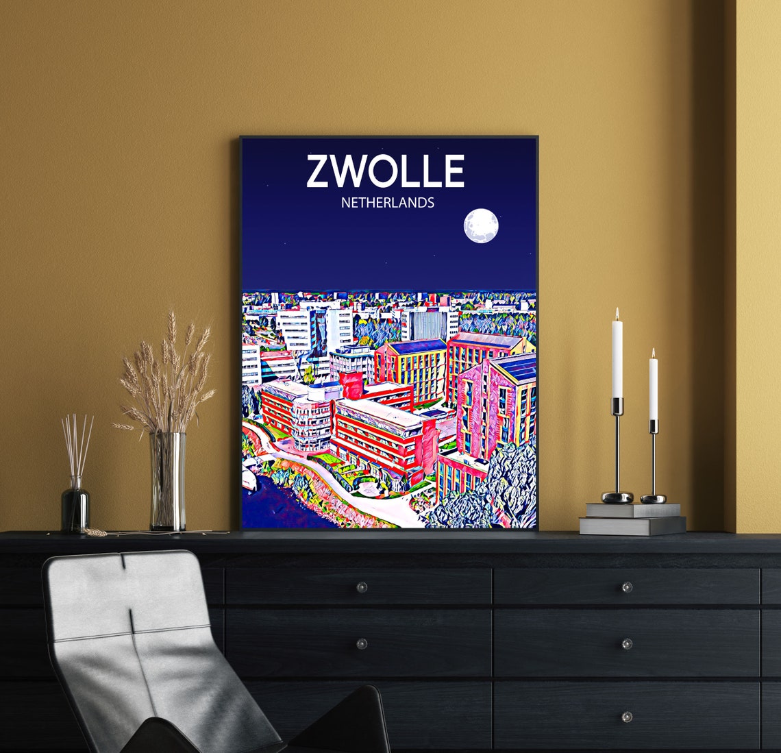 Zwolle Netherlands Night Skyline Moonlight City Travel Poster - Image 2