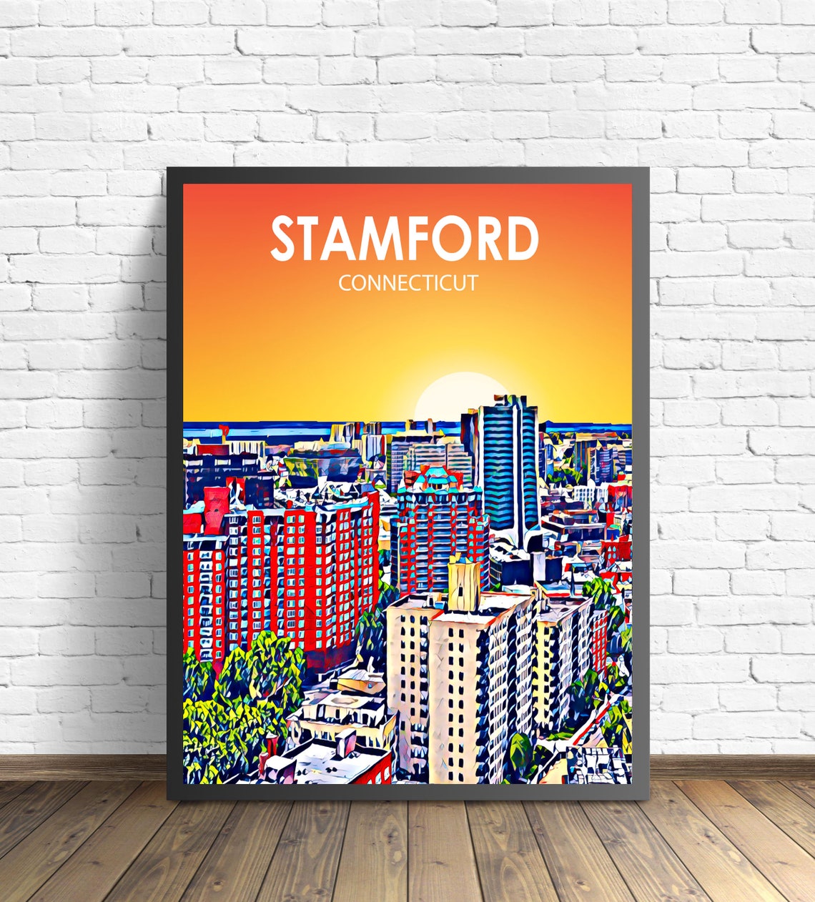 Stamford Connecticut Sunset Downtown Skyline Painted Artwork Poster