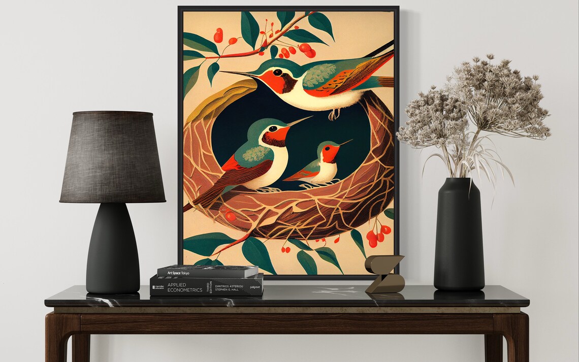 Hummingbird Family Nest Woven Branch Vintage Botanical Poster - Image 2