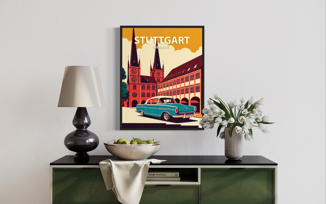 Stuttgart Germany Twin Church Spires Vintage Classic Car Retro Poster - Image 2