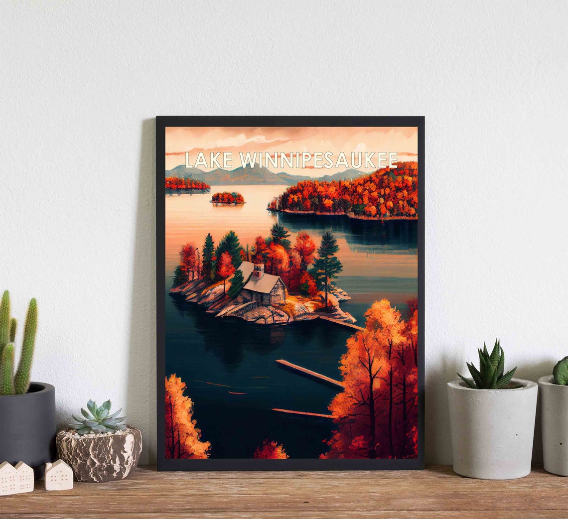 Lake Winnipesaukee Autumn Foliage Lakeside Cabin Travel Poster - Image 3