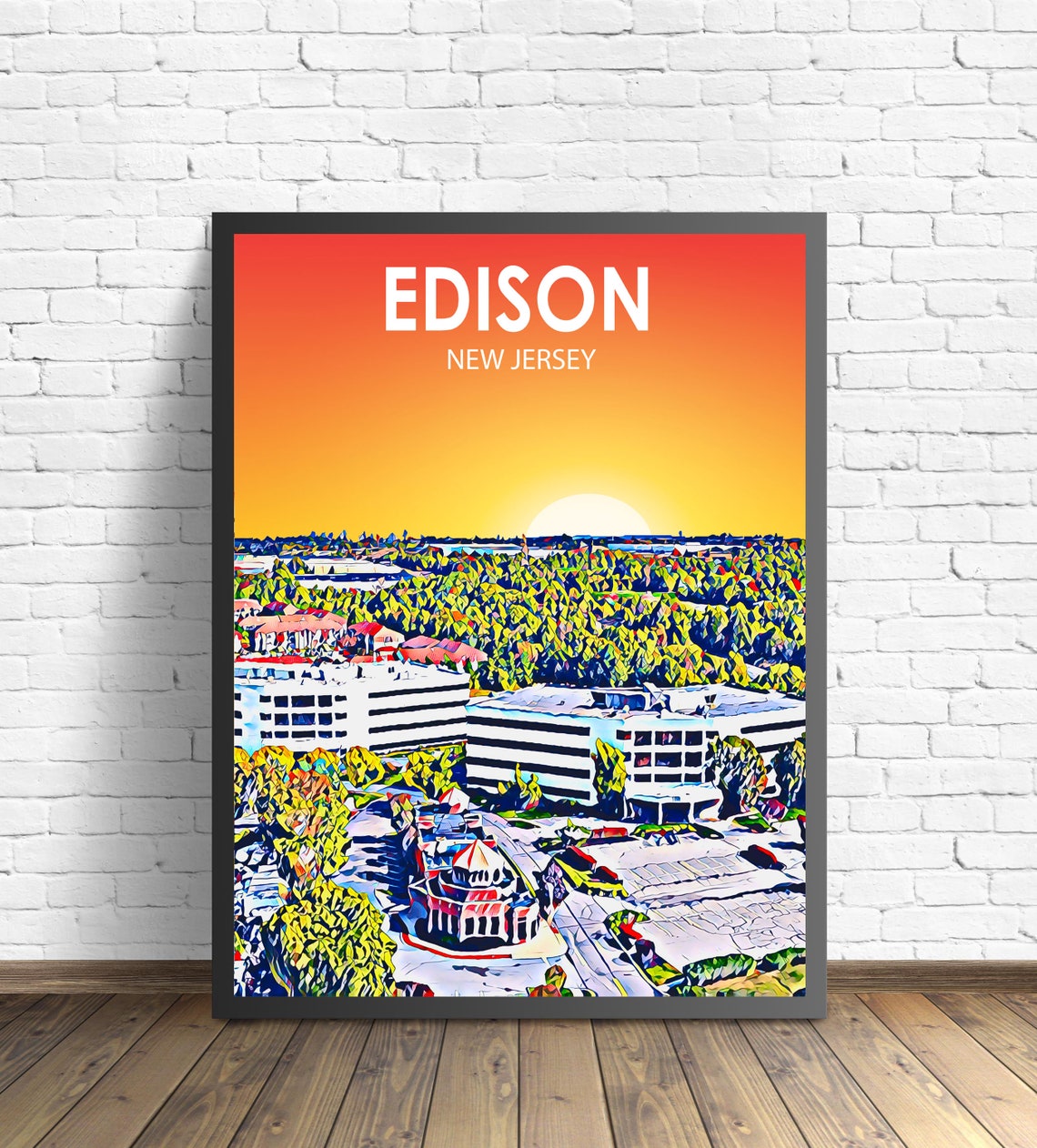 Edison New Jersey Sunset Corporate Campus Aerial Skyline Poster