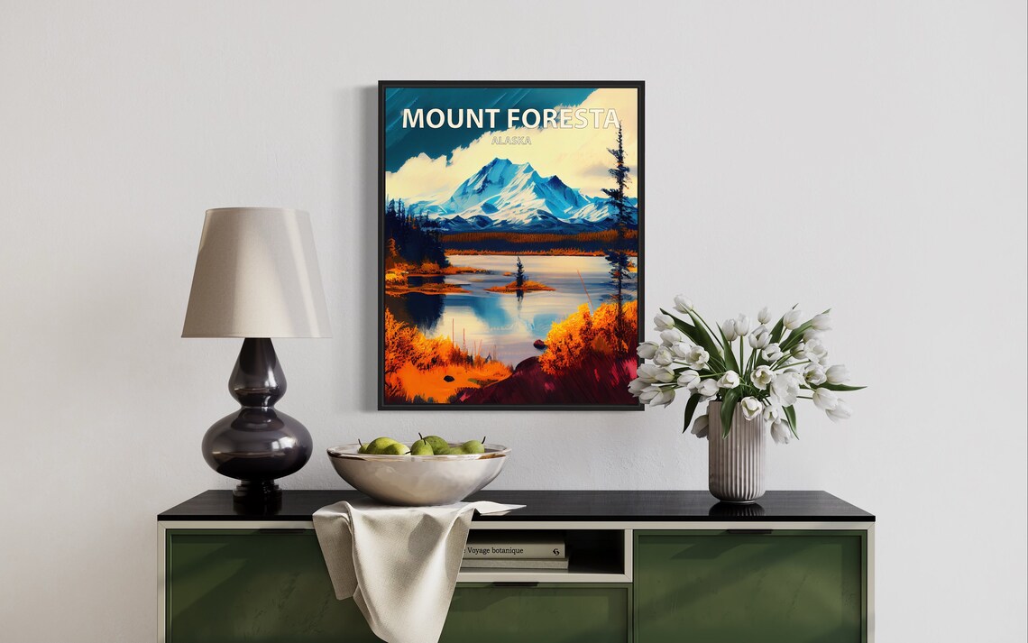 Mount Foresta Alaska Mirror Lake Snowy Peak Autumn Retro Travel Poster - Image 3