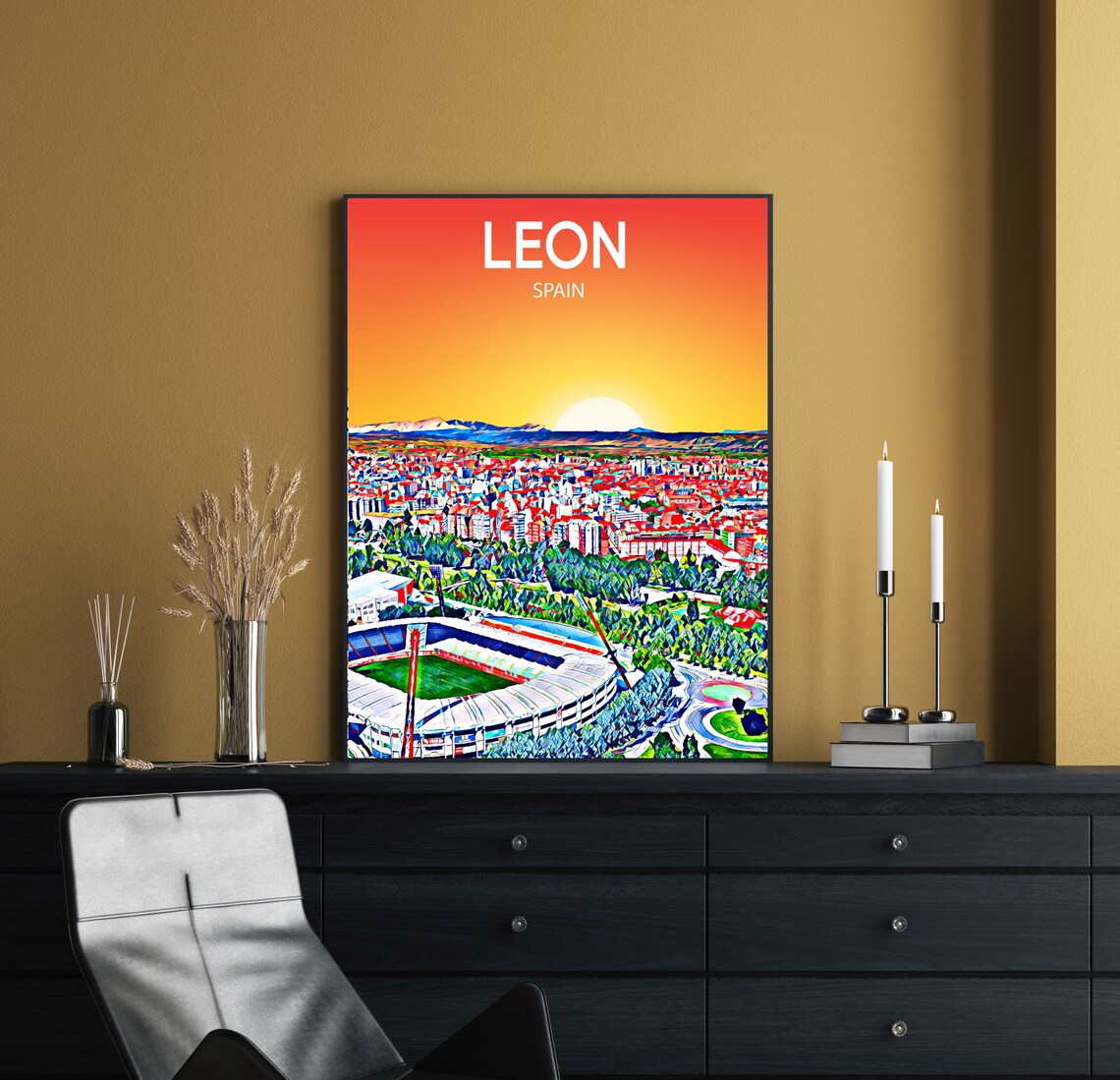 Leon Spain Stadium Sunset Skyline Vibrant Cityscape Art Poster - Image 2